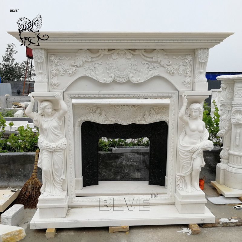  Large White Marble Fireplace Mantel lady statues Solid Stone Hand Carved European Style Manufactures