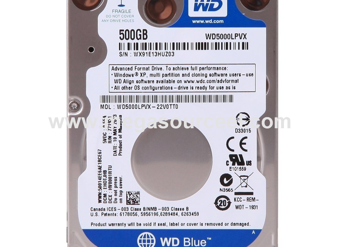 2.5 Western Digital Blue WD5000LPVX 500GB 5400 RPM 8MB SATA Laptop Hard Drive