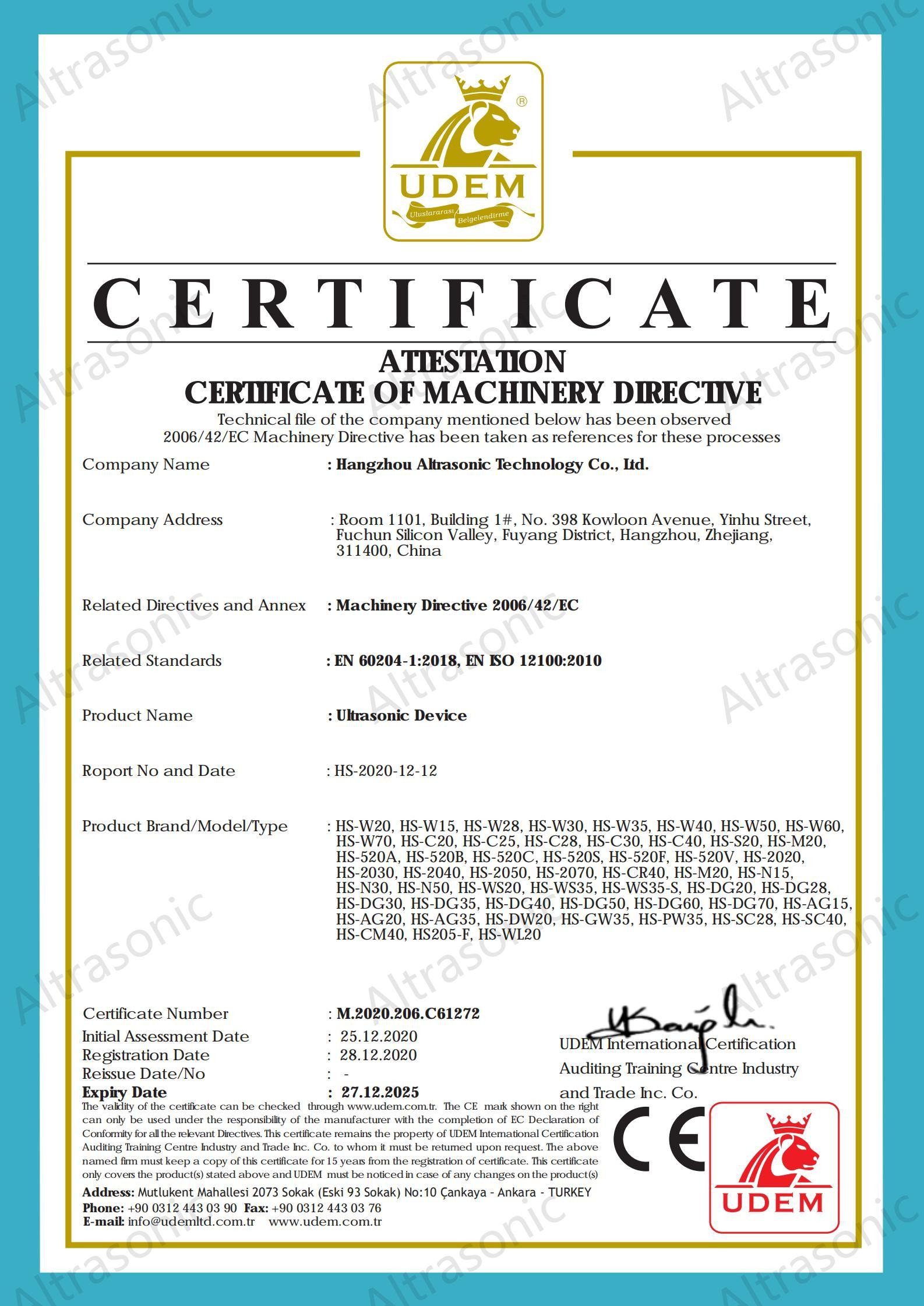 Hangzhou Altrasonic Technology Co., Ltd Certifications
