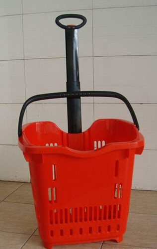  Plastic Telescope Supermarket Rolling Shopping Basket With 2 PU Wheels Manufactures