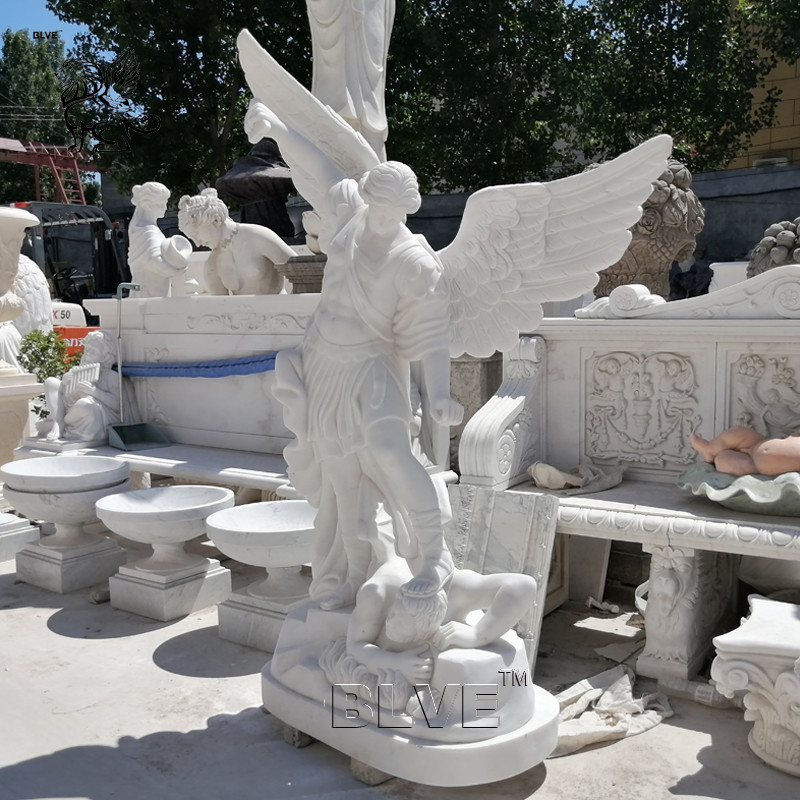  BLVE White Marble Stone Carving Religious Angel Saint Michae Sculpture Life Size St. Michael The Archangel Statue Manufactures