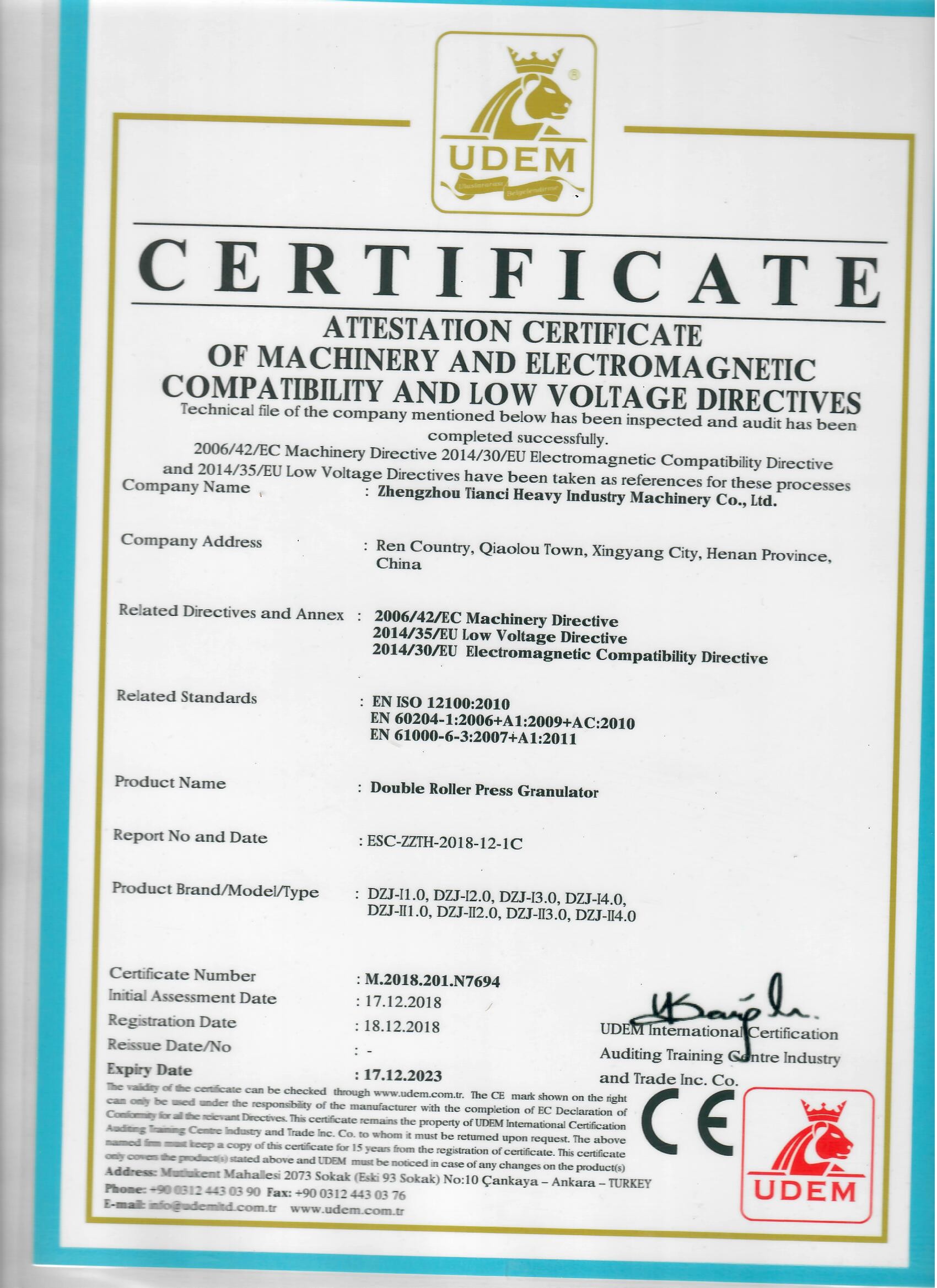 ZHENGZHOU TIANCI HEAVY INDUSTRY MACHINERY CO., LTD. Certifications