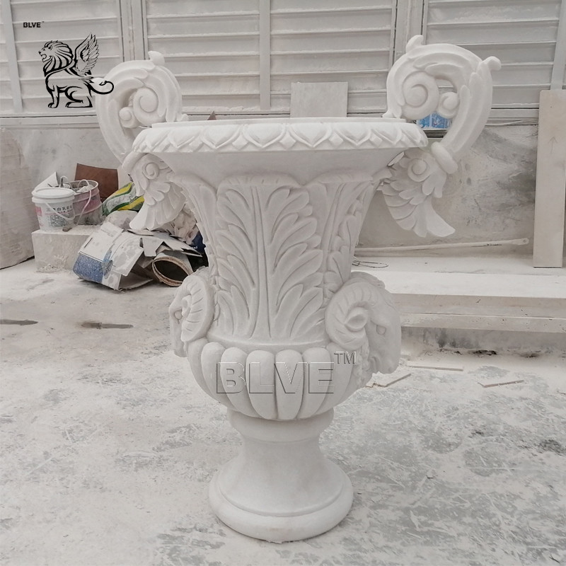  Large White Marble Flowerpot Natural Stone Flower Urns Relief Handcarved Garden Decoration Manufactures