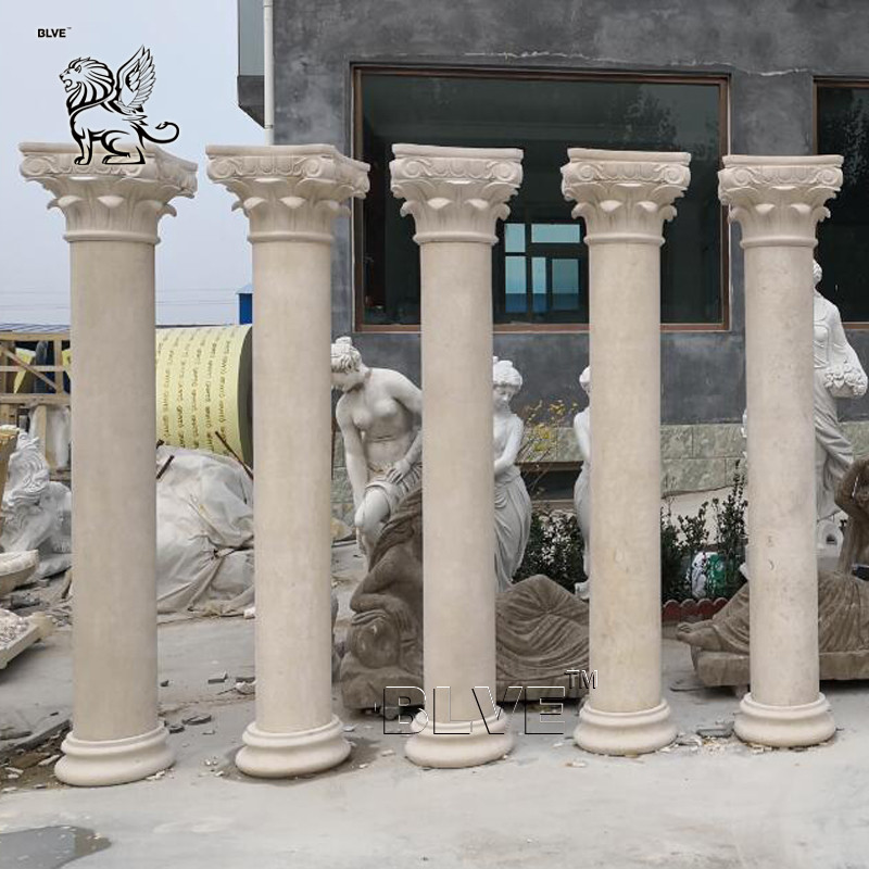  BLVE Beige Marble Column Stone Round Pillar Design Large Hotel Hand Carved Luxury Villa Decorative Manufactures
