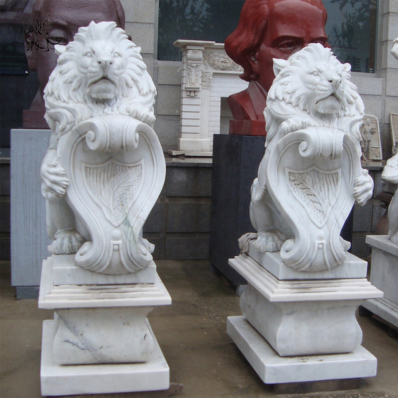  BLVE Stone Lion Sculpture White Marble Carving Animal Garden Statues Life Size Outdoor Decoration Manufactures