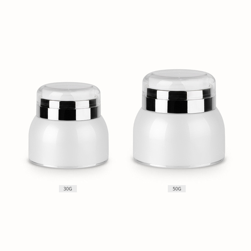  Elegant White Round Empty Cosmetic Jars Sanitary Dispenser Cap Metaillic Silver Shoulder Manufactures