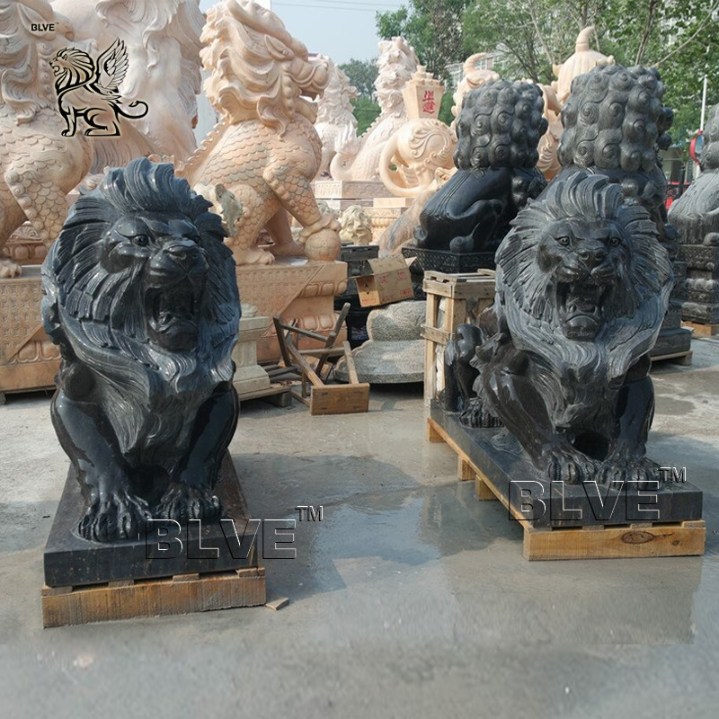  BLVE Black Marble Lying Lion Statues Natural Stone Carving Animal Sculpture Garden Life Size Manufactures