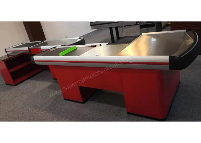  Red Electric Retail Outlet Cashier Checkout Counter / Automatic Cash Register Table Manufactures