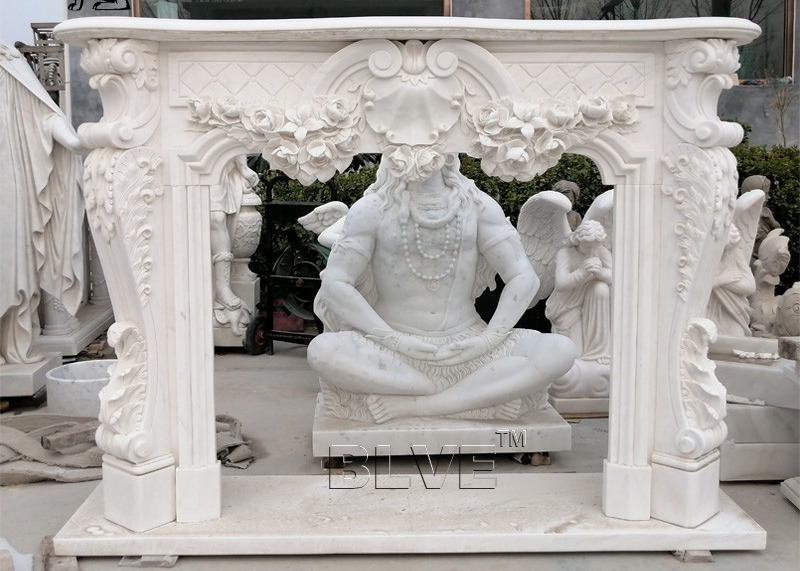  White Marble Fireplace Large Stone Flower Relief Fireplace Hand Carved Home Freestanding Manufactures