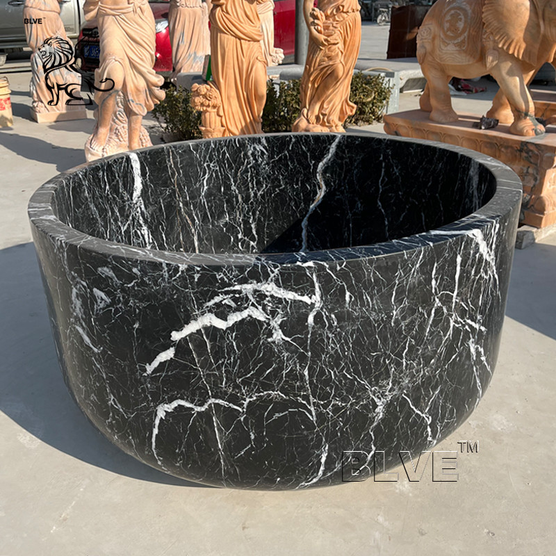  BLVE Black Carrara Marble Bathtub Round Solid Natural Nero Marquina Stone Freestanding Bath Tub Manufactures
