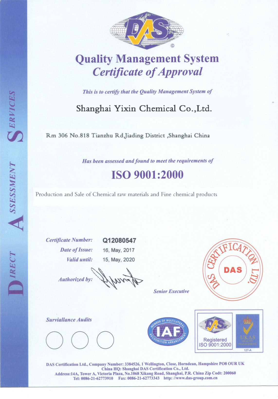 Shanghai Yixin Chemical Co., Ltd. Certifications