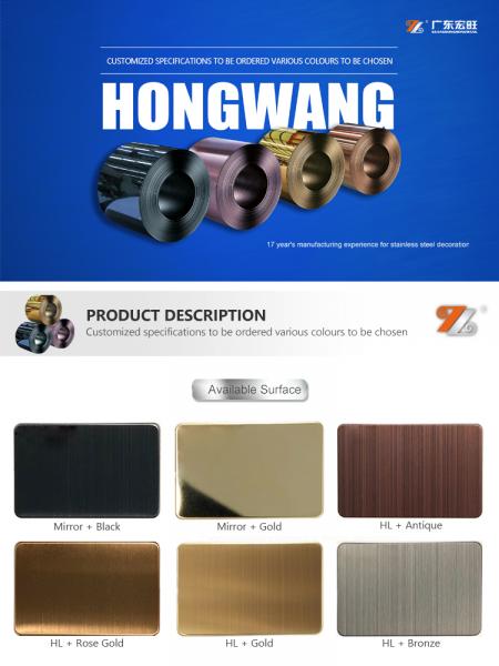Hongwang new style product 201 304 hairline surface finished Ti-Gold PVD color stainless steel coil for sale
