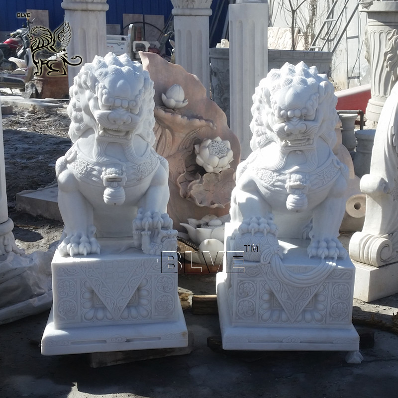  BLVE Marble Entryway Fu Foo Dog Statues Guardian Lion Sculpture Chinese Fengshui Natural Hunan White Manufactures