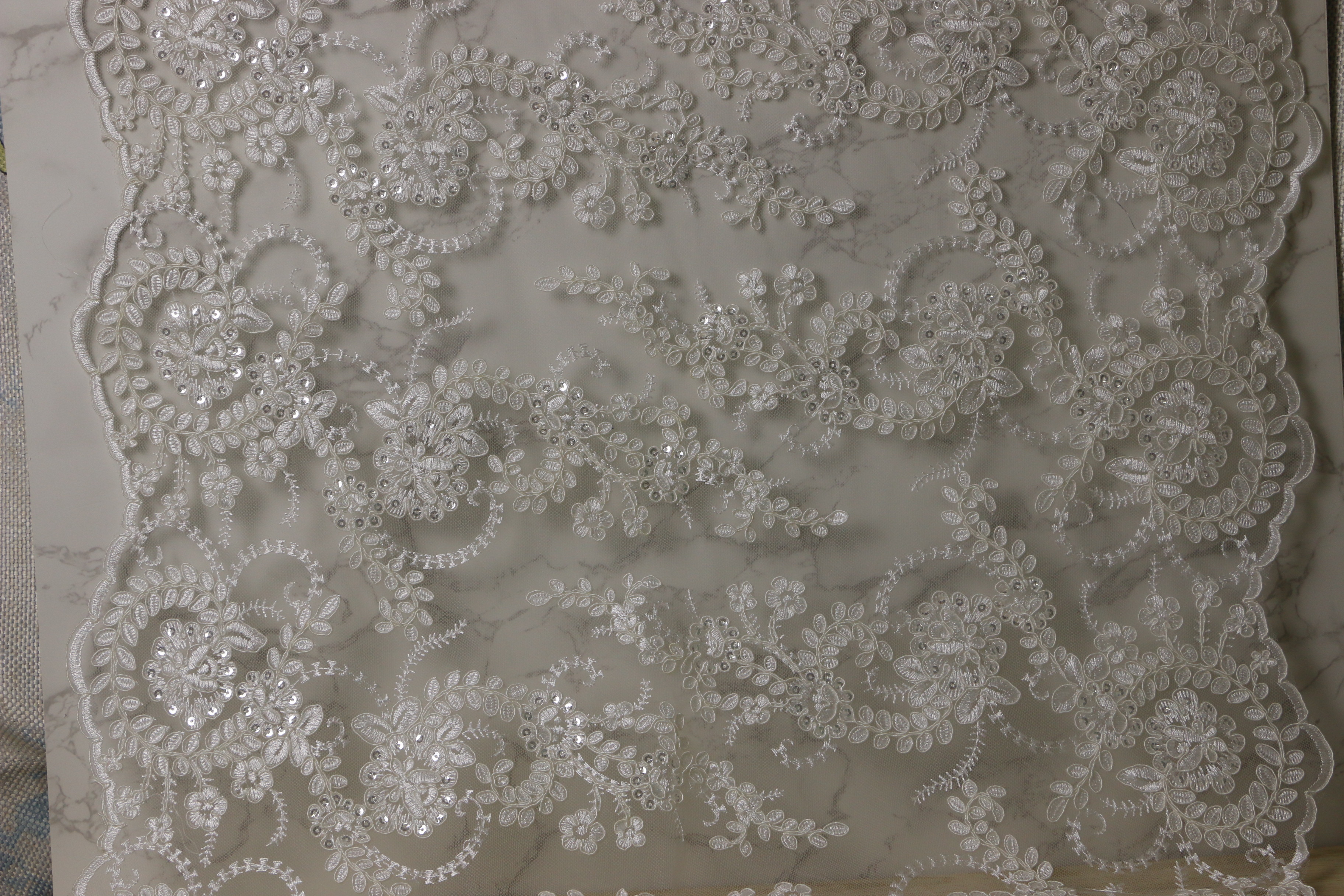  58cm Bridal Lace Fabrics , PET White Sequin Lace Fabric Scalloped Edge Manufactures