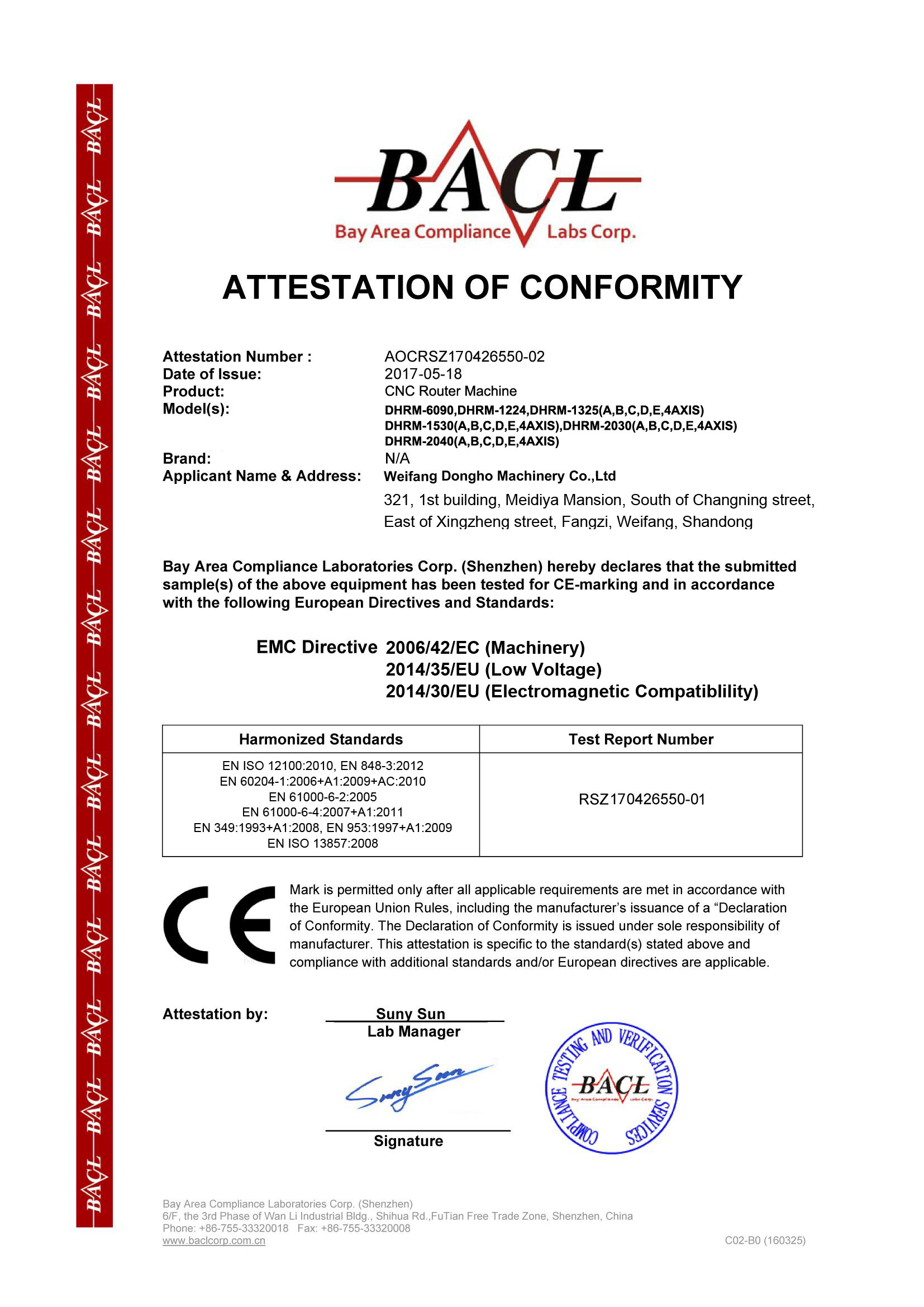 Weifang Donho Machinery Co.,Ltd Certifications