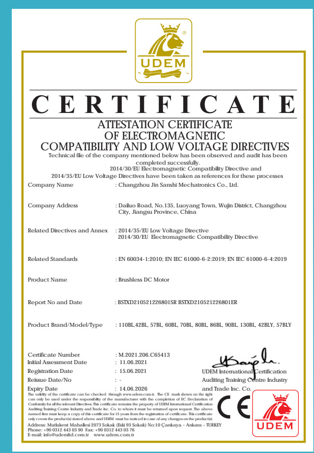 Changzhou Jinsanshi Mechatronics Co., Ltd Certifications