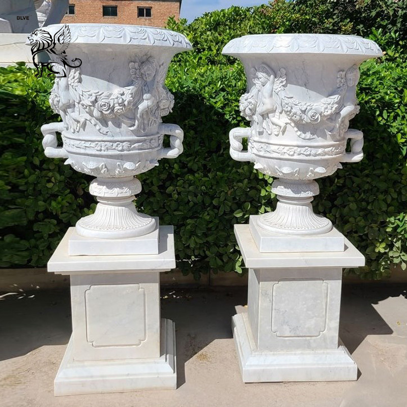  BLVE White Marble Flowerpots Stone Planter Pot Vase Hand Carving Large Size Garden Decoration Manufactures