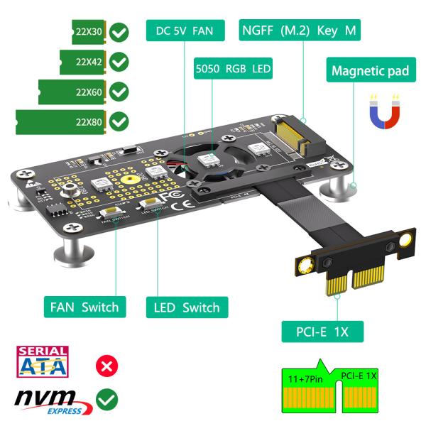 PCI- E X1 to M.2 NVME NGFF SSD Adapter Extension Cable With Cooling Fan and Automatic Discoloration LED.