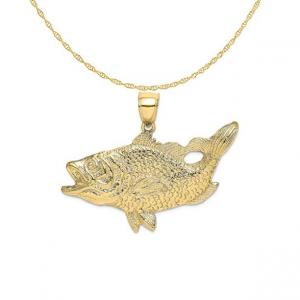 China Carat in Karats 10K Yellow Gold Open Mouth Bass Fish Pendant Charm With 14K Yellow Gold Lightweight Rope Chain Necklace on sale