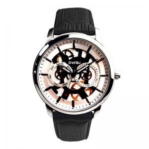 China Classic Mens Genuine Leather Round Watch Waterproof Automatic Watch on sale