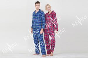 China Lovers Pyjamas Cotton Yarn Dyed Check Flannel Long Sleeve Long Pants Satin Piping Pocket Satin Fabric Covered Buttons on sale
