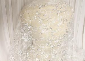 China White Floral Embroidery Corded Lace Fabric With Beads And Sequins For Wedding Dress on sale
