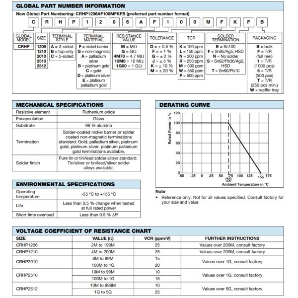3 Side Term 1206 SMD Resistor , 100 Mohms 100ppm High Voltage Chip Resistor