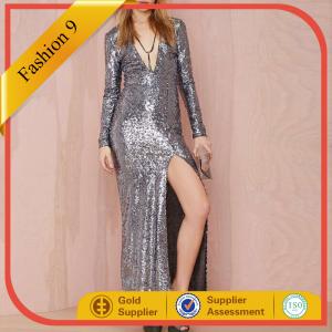  New Designed Long Sleeve Sequined Maxi Dress with High Split Manufactures