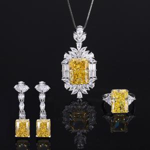 China 925 Sterling Silver Jewelry Set Radiant Cut Created Yellow Diamond Pendant Ring Earrings on sale