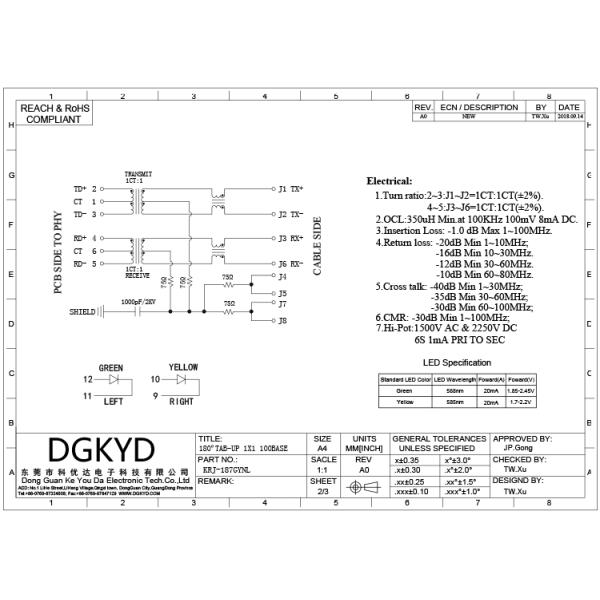 High Performance 180 Degree Top Entry RJ45 Jack With Transformer Cat 5