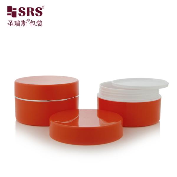 SRSJK-100g Empty manufacture solid orange color plastic jar set with gold collar line white logo printing for balm Creams and Moisturizers