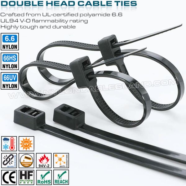 Double-loop Cable Tie With Double-hole Head 300x4.8mm, Nylon (Polyamide) 6.6, 50 lbs Tensile Strength, Versatile Use Double-Head Plastic (Nylon 6.6 / PA 6.6) Cable Tie 300x4.8mm, Double-Loop Type, 50 Lbs, UL94 V-2, Versatile Use