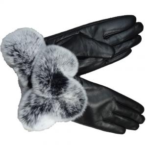 China New Collection Fashion Genuine leather Rex Rabbit Fur Cuff Wool Lined Sheepskin Ladies Dress Gloves on sale