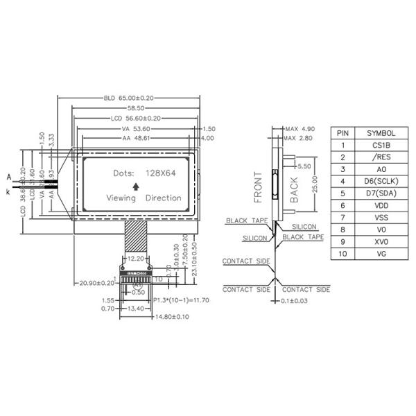 350 Cd/M2 STN LCD Module 10 Pin LCD Display 2.4 Inch 128X64 Resolution
