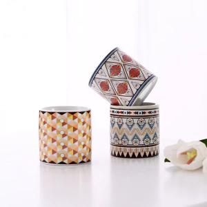 China Scented Cylinder Ceramic Candle Jar With Vintage Tile Pattern Printed on sale