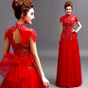 China Red Cap Sleeves Beading High Neck Gorgeous Evening Dress TSJY124 on sale