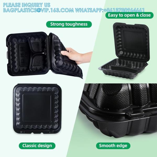Meal Prep Containers, 65 Pack Clamshell Food Containers 7.8 Inch Black 3 Compartment To Go Containers