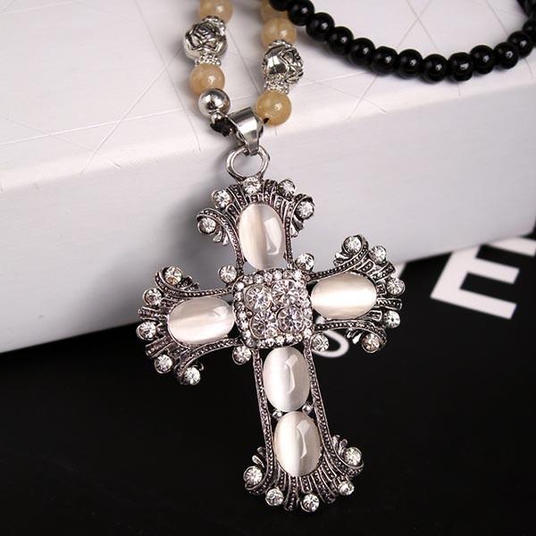 Quality Factory jewelry Direct Sale  popular new black bead opal cross necklace with long chain for sale