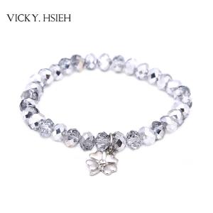 China VICKY.HSIEH Best Basic Half Silver Coated Glass Crystal Beads Stretch Bracelet with Clover Charm on sale