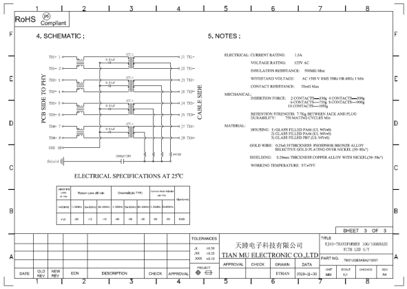 Power Over Ethernet Poe Rj45 Connector With Transformer Single Port 1X2 Tab Up