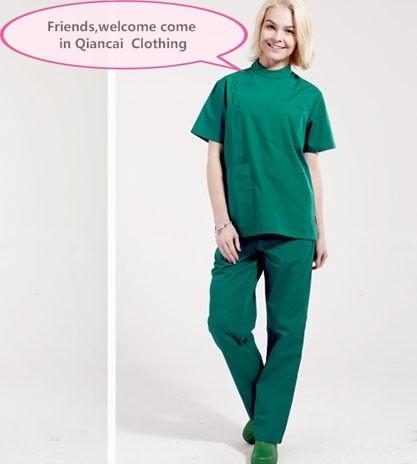 Quality Stand Collar Scrubs Medical Uniforms , Short Sleeve Cotton Green Surgical Gown for sale
