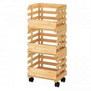 China Sustainable 3 Tier Bamboo Basket Stand With Wheels For Vegetable Fruit on sale