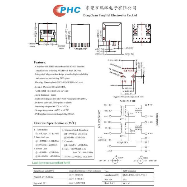10P POE RJ45 Jack Single Port Top Enter With LED And Transformer
