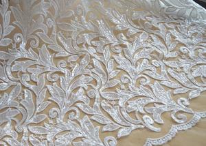  Scalloped Edge White Sequin Mesh Fabric For Party Gown Rich Leaves Design Manufactures