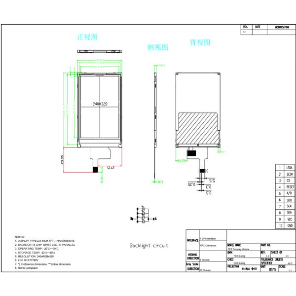 2.8 Inch 240 X 320 SPI RGB Interface TN TFT LCD Module St7789v Driver IC