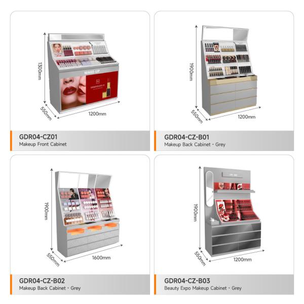 Retail Shop Table Gray Wooden Makeup With Embedded Lights Around The Island For Space-Saving Store Display Furniture And Premium Store Stand