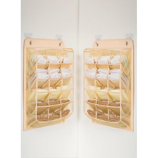 3D NEW DURABLE CLOSET HANGING ORGANIZER WITH 3D MESH POCKETS, WALL SHELF WARDROBE HANGING STORAGE BAG (BEIGE-2PACK)
