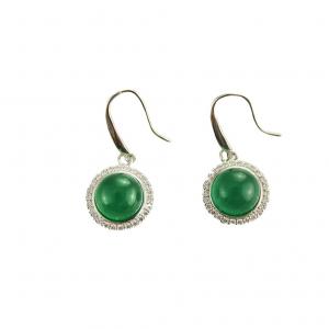  Sterling Silver 9mm Round Green Jade  Cubic Zirconia Dangle Earrings( PSJ025E) Manufactures
