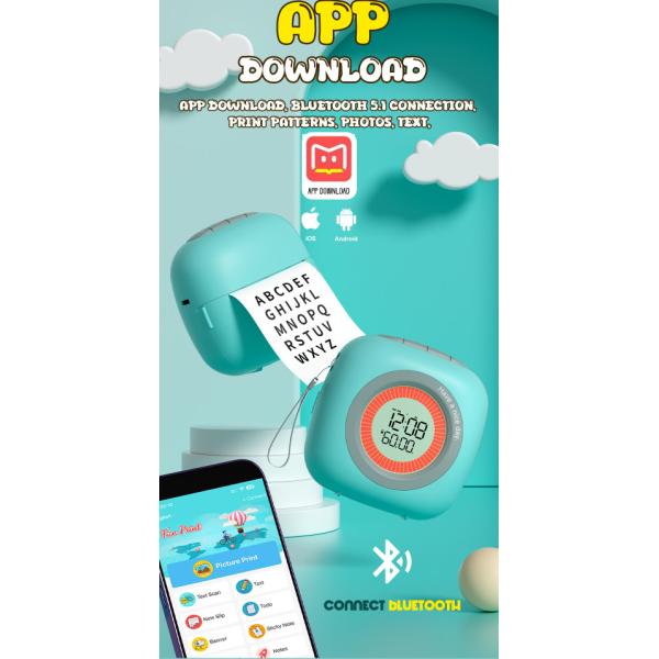 Bluetooth 5.1 Wireless Bluetooth Color Small Sticker Printer With Alarm Clock