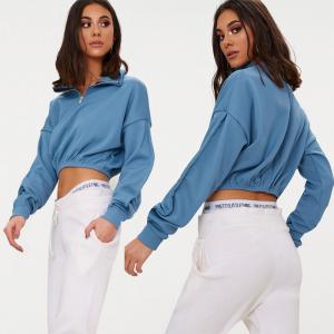 China Zip front crop sweater long sleeves blue on sale
